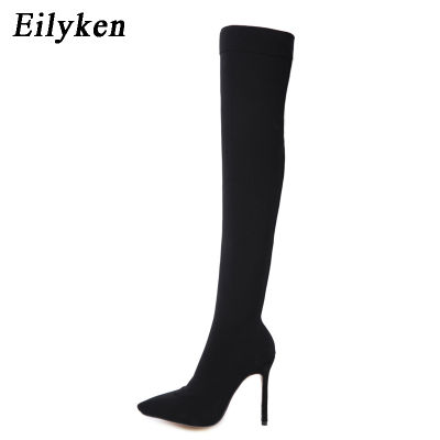 Eilyken  Fashion Runway Stretch Fabric Sock Boots Pointy Toe Over-the-Knee Heel Thigh High Pointed Toe Woman Boot size 35-42