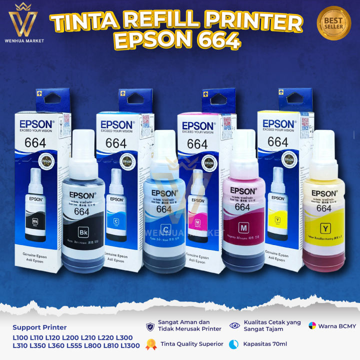 Tinta Epson 664 Tipe Printer L100 L110 L120 L200 L210 L220 L300 L310 L350 L360 L455 L565 L800 7909