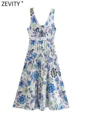 Zevity ashion V Neck Knotted Hole Totem Floral Print Dress Lady Chic Backless Bandage Pleats Party Vestidos Mujer DS448