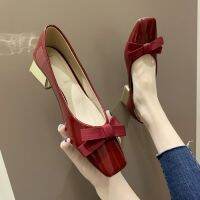 Women Pumps Red High Heels Fashion Bow Thick Heels Womens Shoes Patent Leather Shoes Woman Shallow Mouth Work Shoes