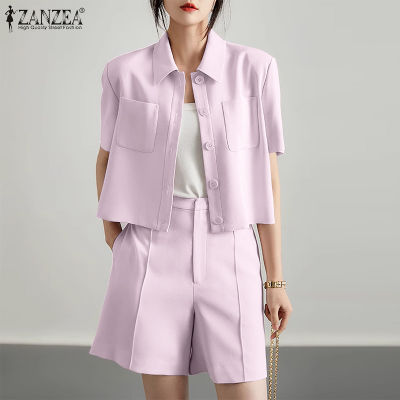 (สินค้ามาใหม่)(จัดส่งฟรี)Fancystyle ZANZEA ชุดสูทแฟชั่นสไตล์เกาหลีของผู้หญิงชุดเดรสคอปกแขนสั้นกางเกงขาสั้นอัดพลีททรงหลวม #10