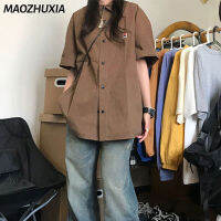 MAOZHUXIA เสื้อเชิ้ตแขนสั้นวินเทจสไตล์ญี่ปุ่นสำหรับผู้หญิง,เสื้อลำลองทรงหลวมดีไซน์ปกเสื้อแขนสั้นความรู้สึกเฉพาะกลุ่ม