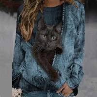 Kawaii Black Cat Zipper Print Women Blouse Shirt Casual Crew Neck Long Sleeve Lady Tee Loose Aesthetic Pullover Top Female Blusa