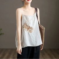 Large womens summer literary embroidery Imitation cotton suspender vest loose short