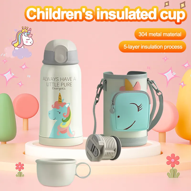 400ml Stainless Steel Thermal Water Bottle For Children Cute Cartoon  Thermos Mug With Straw Leak-Proof Insulated Cup Drinkware
