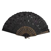 Black Plastic Frame Embroidery Floral Detail Folding Hand Fan