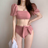 Bikini Z0D10?ชุดบิกินี่ผู้หญิงแขนกุดสีชมพูเอวสูงโบว์กางเกงว่ายนํ้าอุ่นหวานเซ็กซี่แฟชั่น