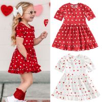 FOCUSNORM Valentines Days Kids Girls Sweet Dress 2 Colors Heart Printed Ruffles Peter Pan Collar/O-Neck A-Line Dress  by Hs2023