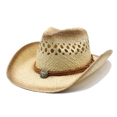 หมวกปีกกว้างห้าแฉกสำหรับผู้ชายและผู้หญิงคาวบอยตะวันตกสานด้วยมือหมวกฟางแสงแดดหมวกแก๊ป Panama ฤดูร้อน