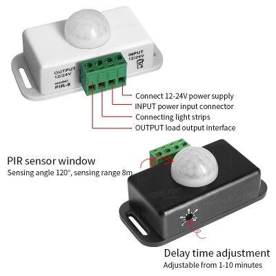 สวิตช์เซ็นเซอร์ตรวจจับการเคลื่อนไหว PIR ปรับได้อัตโนมัติ8A 12V 24V โมดูลสวิตซ์&nbsp; ไฟเครื่องตรวจจับอินฟราเรด IR สำหรับแผ่นเรืองแสงแถบไฟ LED