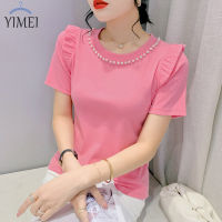 YIMEI เสื้อยืดผู้หญิงประดับลูกปัดคอกลม,เสื้อยืดแขนสั้นขอบหูเข้ารูปแฟชั่นเกาหลีใหม่ฤดูร้อน2023สำหรับผู้หญิงเสื้อคอตตอนแบบสวมหัว