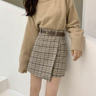 HOUZHOU Wool Plaid Skirt Women Vintage High Waist Irregular Patchwork A-line Mini Skirts with Belt Autumn Korean Fashion Casual