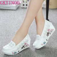 GKTINOO New Womens Genuine Leather Platform Shoes Wedges White Lady Casual Shoes Swing Mother Shoes Size 35-40