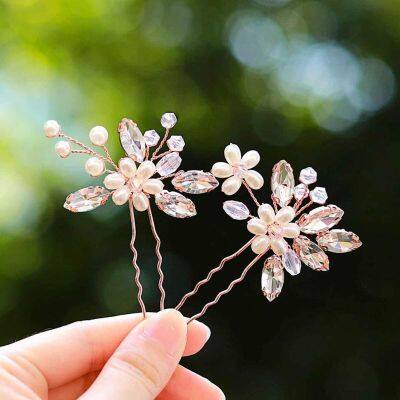 Korean version of elegant crystal pearl u-shaped hairpin fashion simple bride crystal handmade headdress