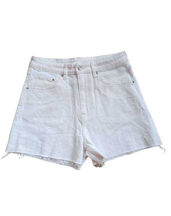 H&M Ladies White High Waist Unfinished Hem Zip Fly Stretch Denim Shorts ...