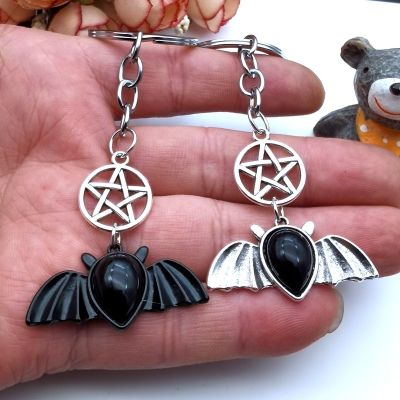 Gothic Mysterious Dark Five-pointed Star Bat Obsidian Keychain Angel Charm Retro Mens and Womens Handbag Car Hanging Keychain Key Chains