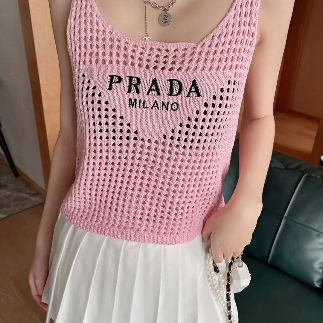 PRADA Short-sleeved Women 2023 New High-quality Sleeveless Knitted Hollow  Camisole SZ376 PINBUINY985 | Lazada PH