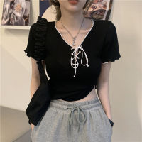 Lace Up Butterfly Sleeve T-Shirt Womens Summer New V-Neck Design Short Sleeved Slim Tshirt High Waist Navel Crop Top Lady