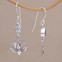 Simple Water Drop ฝัง Sea Blue Stone Hook ต่างหู Vintage โลหะเงินแกะสลัก Lotus Dangle ต่างหูสำหรับผู้หญิง