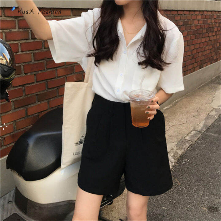 huax-เสื้อผู้หญิง-retro-lapel-lady-plain-ชีฟองแขนสั้นเสื้อ