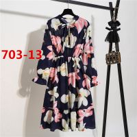 Floral dress chiffon long sleeve bow pleated casual dress