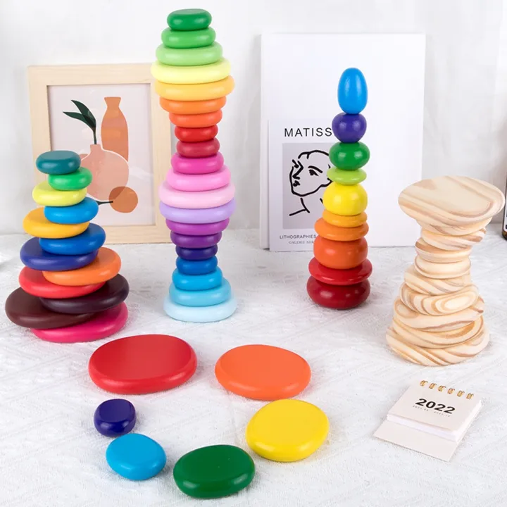 Wooden Rainbow Stacking Pebbles Wooden Montessori Rainbow Pebbles Jenga ...