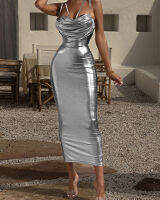 Ruched Metallic PU หนัง Bodycon ชุดผู้หญิงฤดูใบไม้ร่วง Camisole แขนกุดพับกลางลูกวัว Slim แฟชั่น Solid