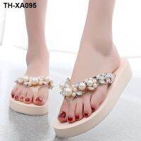 ♗∋ Slippers womens summer slope heel non-slip rhinestone sandals seaside personality thick-soled all-match flip-flops beach shoes