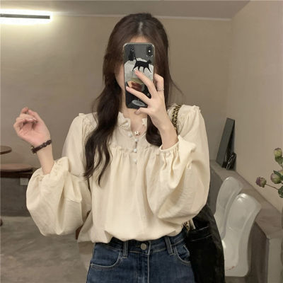 Real Shot French Retro Niche Design Sense Top Womens Bubble Sleeve Chic Wooden Ear Long Sleeve Shirt Autumn 44109