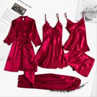 5PC Silk Robe Sleep Suit Womens Lace Satin Pajamas Gown Set V-Neck Cami Nighties Wear Pijama Home Nightwear Spring Nightdress