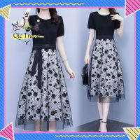 【จัดส่งที่รวดเร็ว✨】Women Round Neck Midi Skirt Summer Short Sleeves Pullover Dress Elegant Lace-up Dress