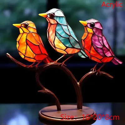ZhongLouL นกสีบนกิ่งไม้เครื่องประดับแบบตั้งโต๊ะชุดนกสีสันสดใสสองด้านงานฝีมือศิลปะเหล็กสำหรับตกแต่งบ้าน