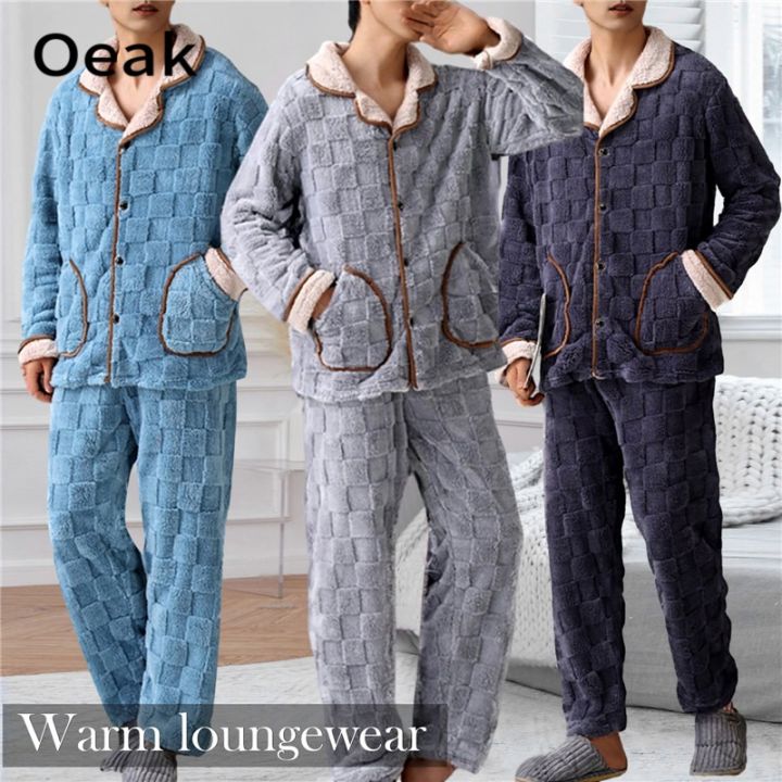 Men Indoor Fleece Pajama Set Top and Pants Warm Long Sleeve Lapel Collar  Winter