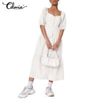 COD SDFGERTYTRRT CELMIA Women Puff Short Sleeve Square Collar Ruffle Fashion Loose Long Dress