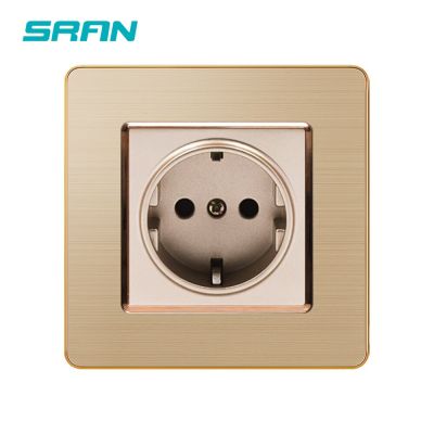 SRAN EU Electrical outlets 16A 250V stainless steel brushed panel Metal plating edge 86*86mm Gold Wall socket