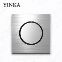 YINKA Silver Brushed Aluminum Panel Home Wall Switch Panel LED Indicator Switch ON/Off 86mm*86mm 220-250V 1 gang 2 way EU socket Push Button