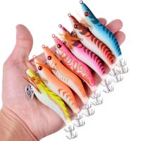 【hot】۩♗ 1Set Kinds of Wood Shrimp Squid Fishing Bait 2.5 -3.0 Hook Luminated Jigs Sea Lures Artificial