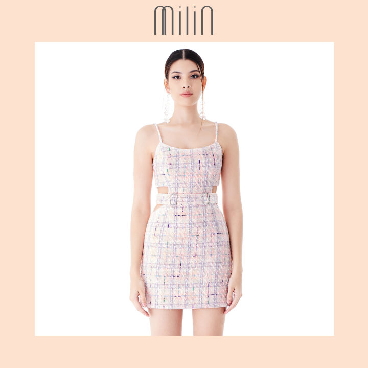 [MILIN] Multi-color checked tweed belted side cut out mini dress with crystal buckle  เดรสสั้น สายเดี่ยว เว้าเอว ผ้าทวีตหลากสี แต่งเข็มขัดคริสตัล Waikiki Dress สีชมพู-ม่วง