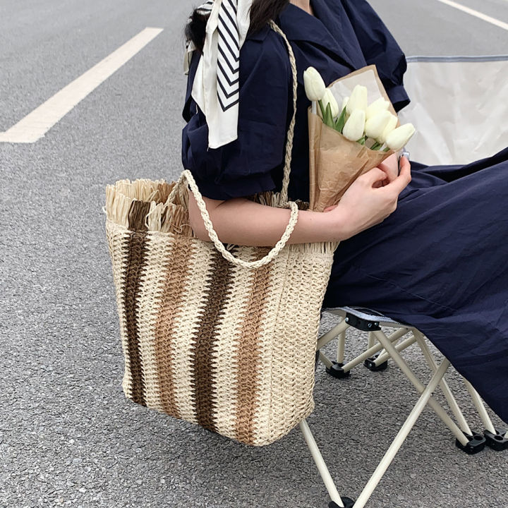 จัดส่งเร็ว-กระเป๋าสะพายไหล่กระเป๋าถือสตรีทำด้วยมืองานสานชายหาดฤดูร้อนกระเป๋าถือสตรี