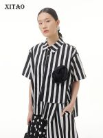 XITAO Shirt Loose Fashion Casual Flower Decoration Women Striped Shirt