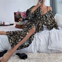 【LZ】✆  Roupão longo de quimono leopardo feminino loungewear sexy camisola vestido de vestir de casa com cinto pijamas de cetim