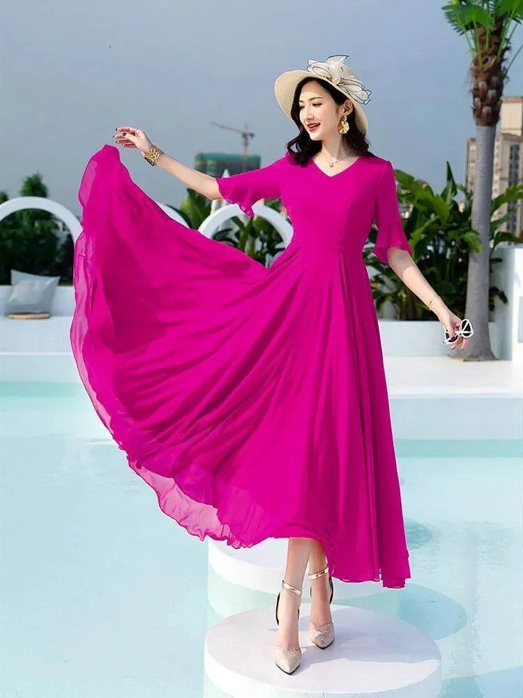 Váy Liền Chiffon Dáng Dài Vừa Cổ V Màu Trơn Cỡ Lớn Tay Lỡ 2022 Váy ...