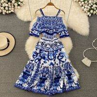 【jw】♣  Fashion Womens Shoulder Sleeve and Printing Beach Vestidos