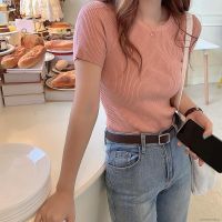 COD DSFERTRETRE Korean Style Candy Color O Neck Solid Color Knitted Sexy Slim Knitted T-shirt