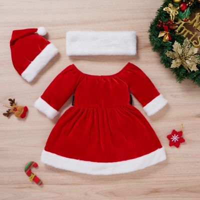 เสื้อผ้าเด็กคริสมาสต์ Girls สีแดงปิดไหล่เข็มขัดชุดตุ๊กตาหมวกคริสต์มาสชุดสองชิ้น