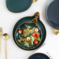 Nordic Green Black Ceramic food Dinner Plate Dish Dessert Tray Gold Handle Dinnerware salad Bowl platter Porcelain Tableware Set