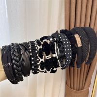 Winter Solid Velvet Bezel Women Girl Broadside Hair Bands Pearl Cross Headband Hair Hoop Fashion Black Leather Braided Hairband