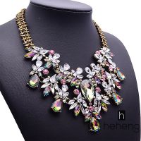 ❤HH-MY Europe The Big Color Crystal Pendant Jewel Studded Short Necklace