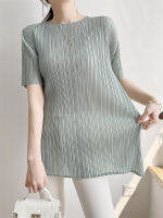 A0030# One Size (45-75kg) Female Slim T-shirt with Long Sleeve Round Neck and Split Summer Pleated Top