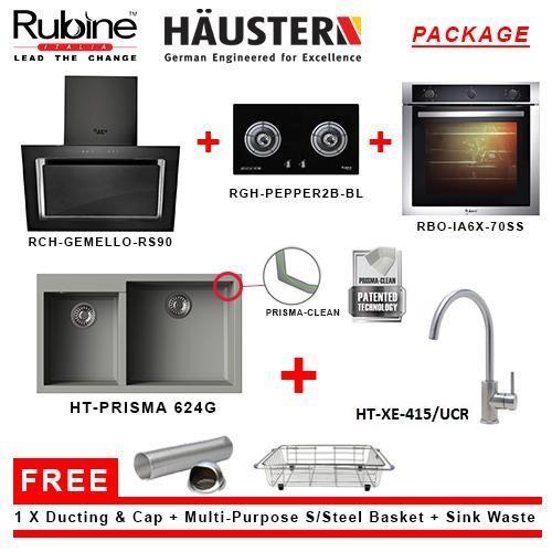 Rubine 1600m³/hr Slanted Hood + Rubine Twister Burner Gas Hob  (RGH-PEPPER2B-BL) + Rubine 70L Build-in Oven (RBO-IA6X-70SS) + HAUSTERN Top  Mount 2 Bowl Granite Sink (HT-PRISMA-624G) + HAUSTERN Kitchen Mixer with 'U'